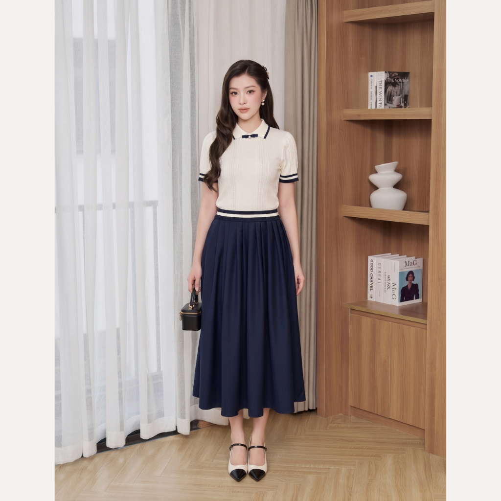 Áo dệt kim nữ cổ polo phối viền, áo len tăm cộc tay đính nơ ngọc phong cách thanh lịch Linly Store A-DK1 | BigBuy360 - bigbuy360.vn