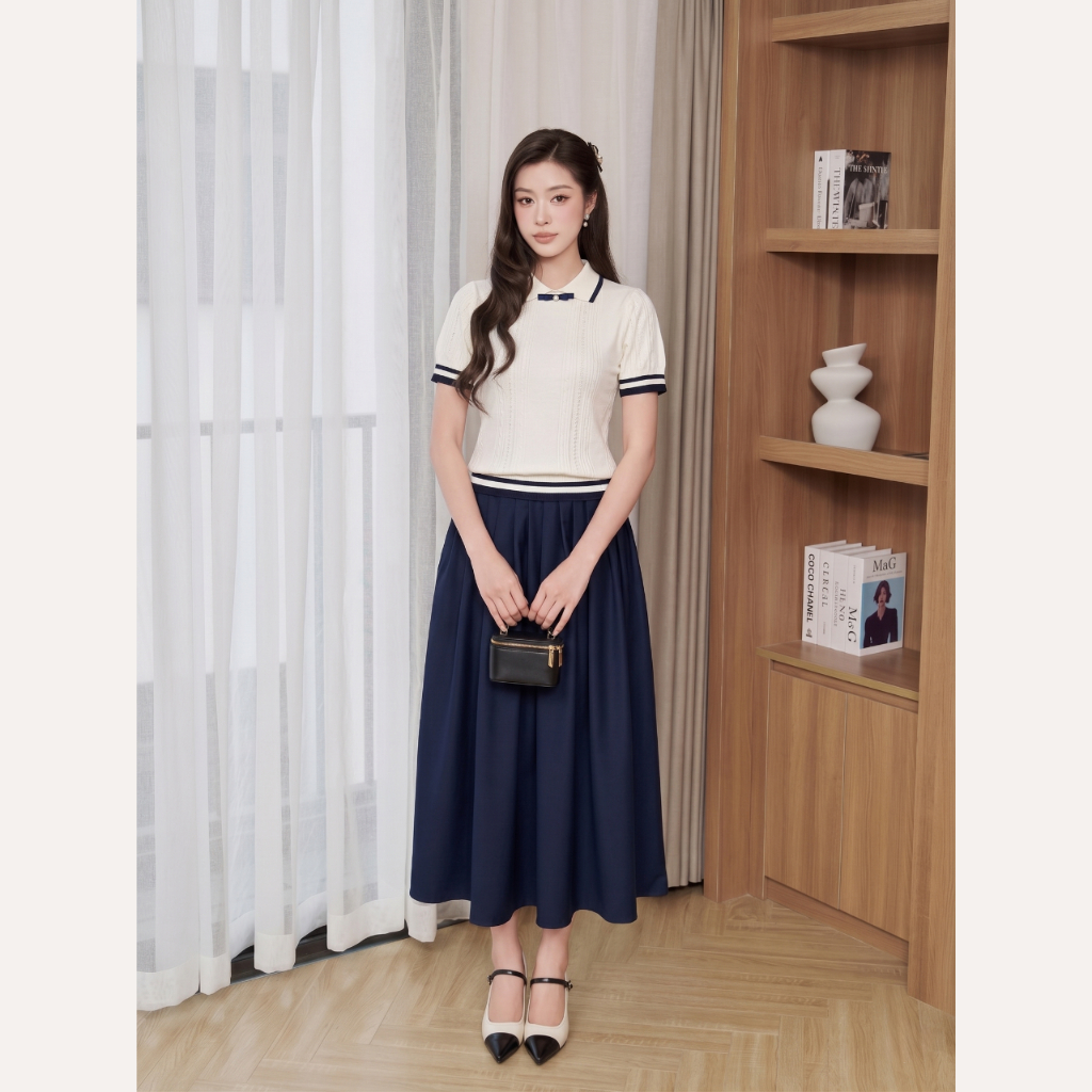 Áo dệt kim nữ cổ polo phối viền, áo len tăm cộc tay đính nơ ngọc phong cách thanh lịch Linly Store A-DK1 | BigBuy360 - bigbuy360.vn
