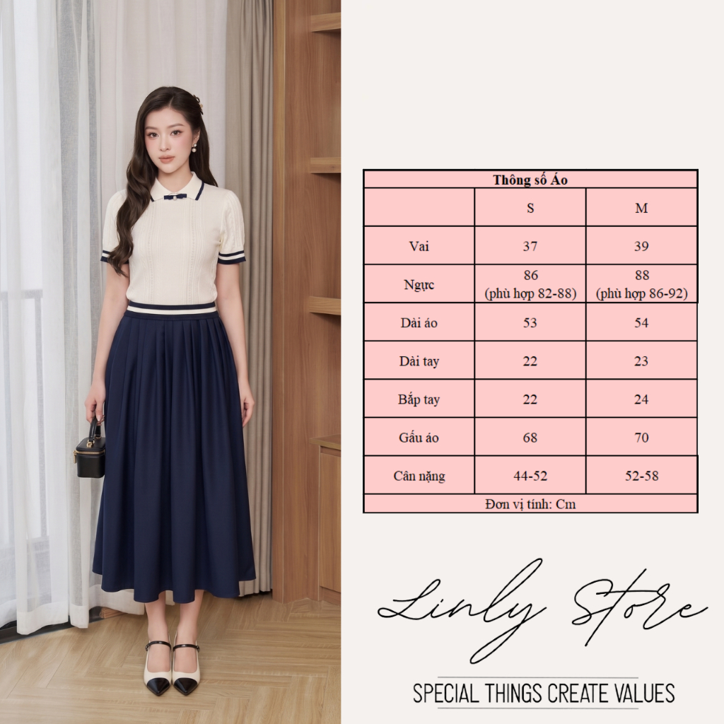 Áo dệt kim nữ cổ polo phối viền, áo len tăm cộc tay đính nơ ngọc phong cách thanh lịch Linly Store A-DK1 | BigBuy360 - bigbuy360.vn