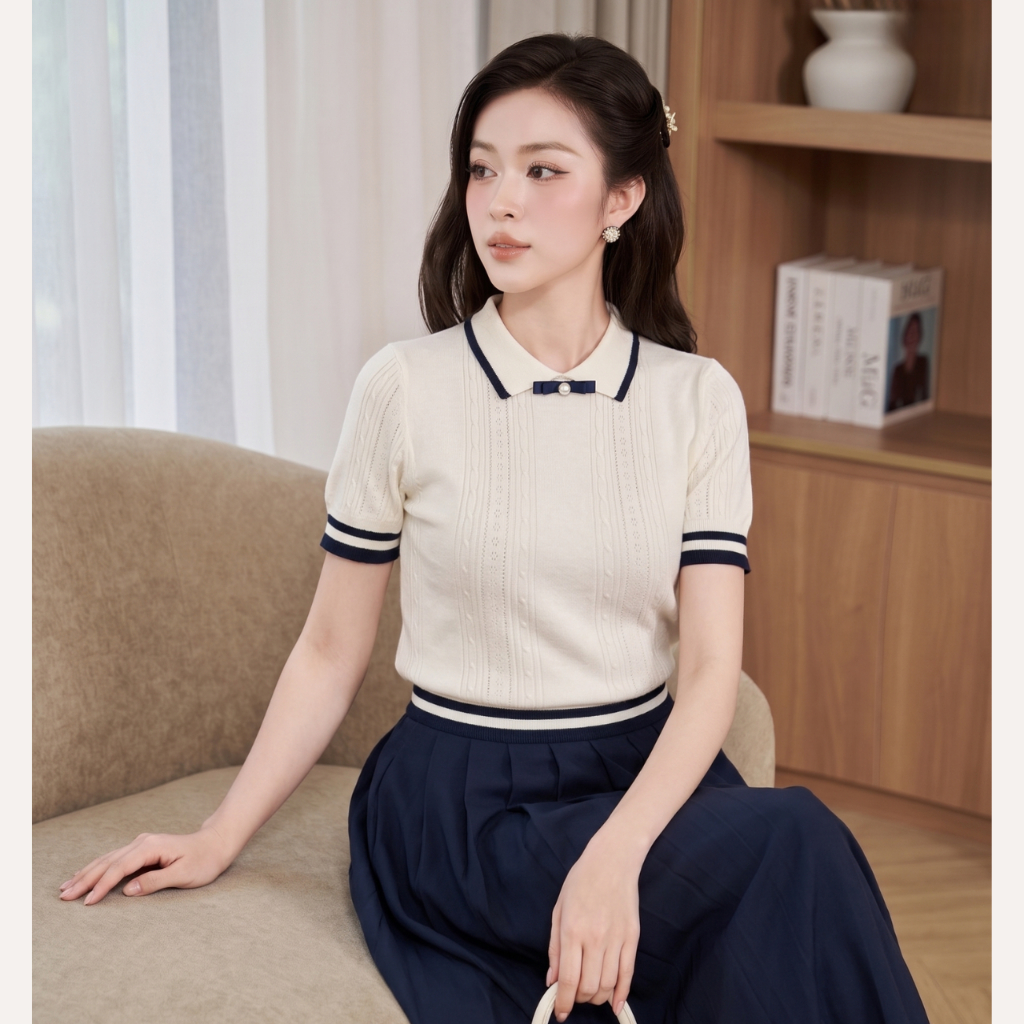 Áo dệt kim nữ cổ polo phối viền, áo len tăm cộc tay đính nơ ngọc phong cách thanh lịch Linly Store A-DK1 | BigBuy360 - bigbuy360.vn