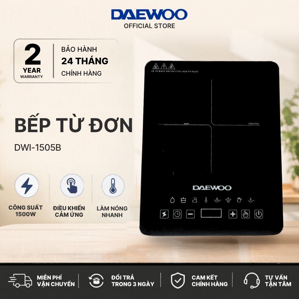 Bếp từ đơn, bếp nấu lẩu Daewoo DWI-1505B - 1500W - 8 chế độ nấu - Mặt kính cường lực BH 2 năm