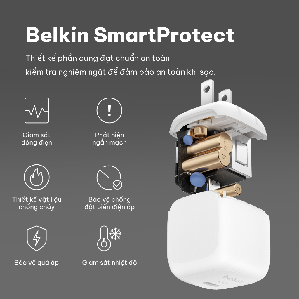 Củ sạc nhanh Belkin 45W USB-C PD 3.2 PPS nhỏ gọn 1 cổng cho iPhone 17 iPad MacBook Air BH chính hãng 2 năm | BigBuy360 - bigbuy360.vn
