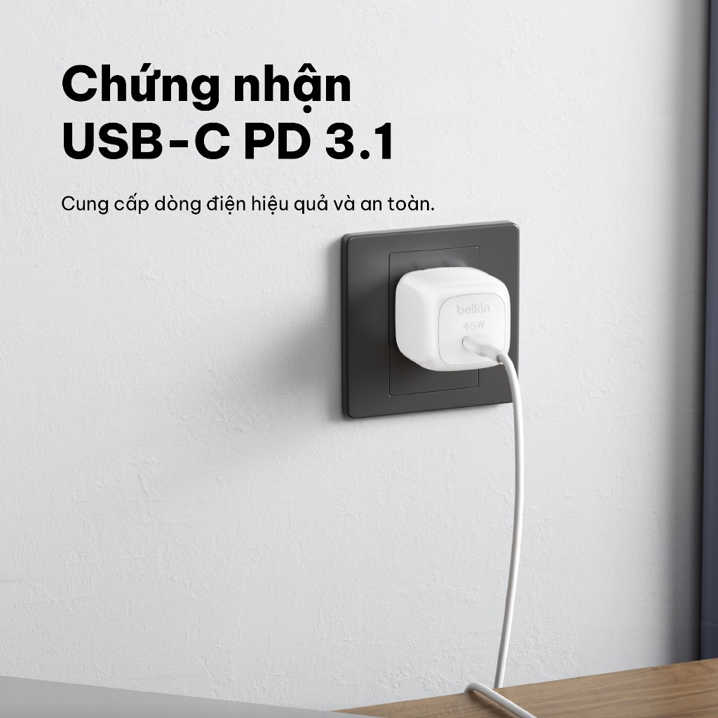 Củ sạc nhanh Belkin 45W USB-C PD 3.2 PPS nhỏ gọn 1 cổng cho iPhone 17 iPad MacBook Air BH chính hãng 2 năm | BigBuy360 - bigbuy360.vn