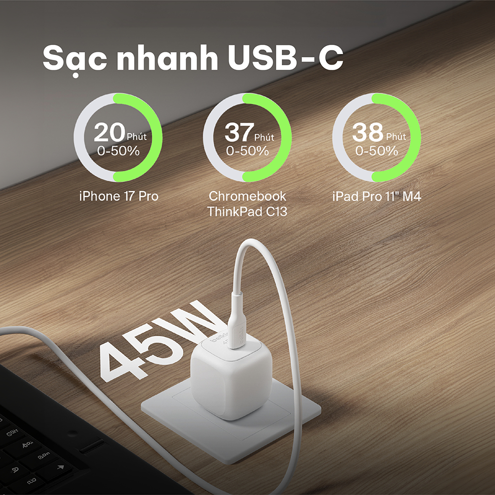 Củ sạc nhanh Belkin 45W USB-C PD 3.2 PPS nhỏ gọn 1 cổng cho iPhone 17 iPad MacBook Air BH chính hãng 2 năm | BigBuy360 - bigbuy360.vn