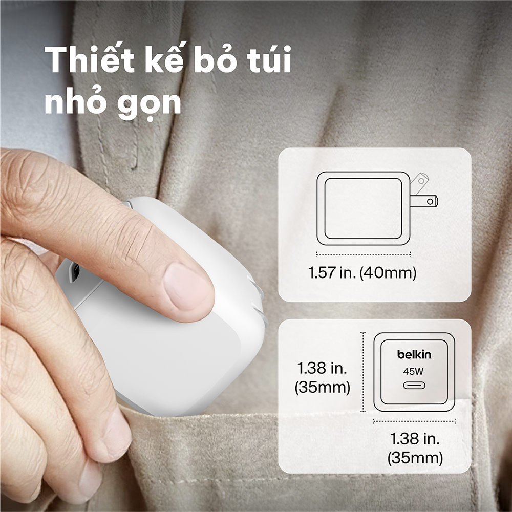 Củ sạc nhanh Belkin 45W USB-C PD 3.2 PPS nhỏ gọn 1 cổng cho iPhone 17 iPad MacBook Air BH chính hãng 2 năm | BigBuy360 - bigbuy360.vn