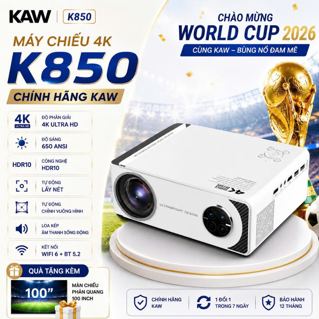Máy Chiếu K850 Chính Hãng Chiếu Gia Đình, Độ Sáng Cao, Hỗ Trợ Video 4K, Full HD, Bảo Hành 12 Tháng