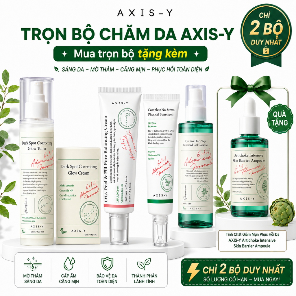 Set AXIS-Y 5 Món Toner Kem Dưỡng Sữa Rửa Mặt Chống Nắng Tẩy Da Chết Tặng Serum Phục Hồi Da