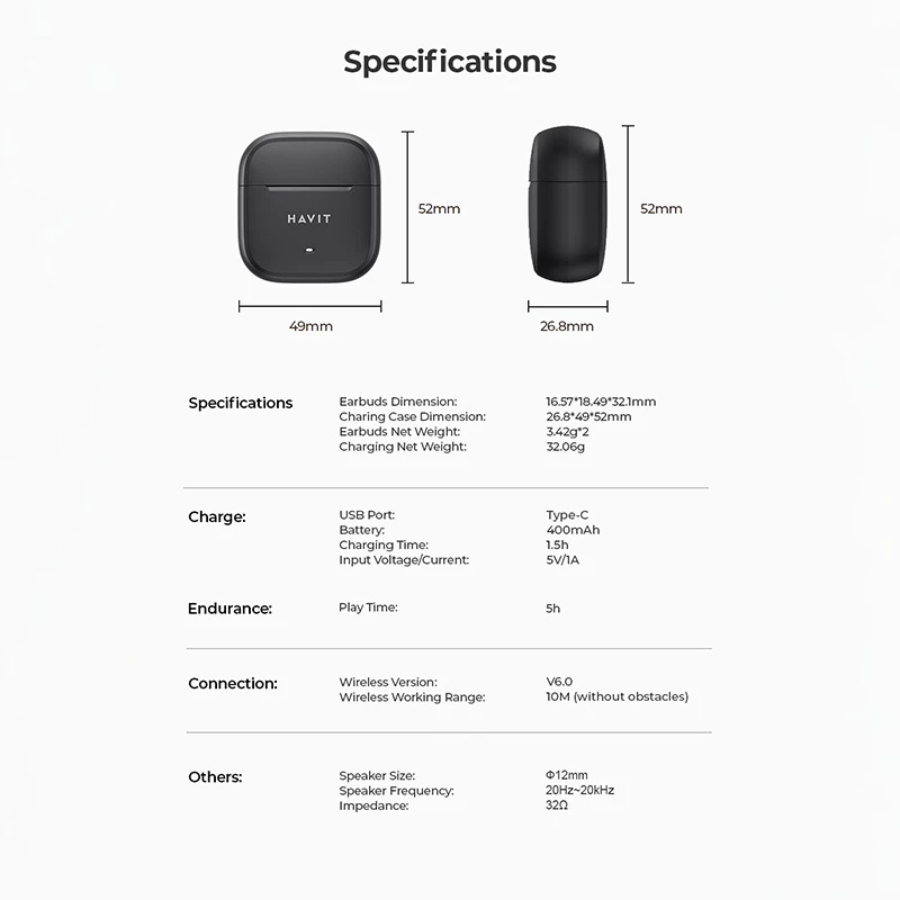 [ĐỘC QUYỀN] Tai nghe True Wireless Havit Life T2 TW966 - 4 Mic ENC, Chống Ồn, Bluetooth 6.0, Pin 25H - Hàng Chính Hãng | BigBuy360 - bigbuy360.vn