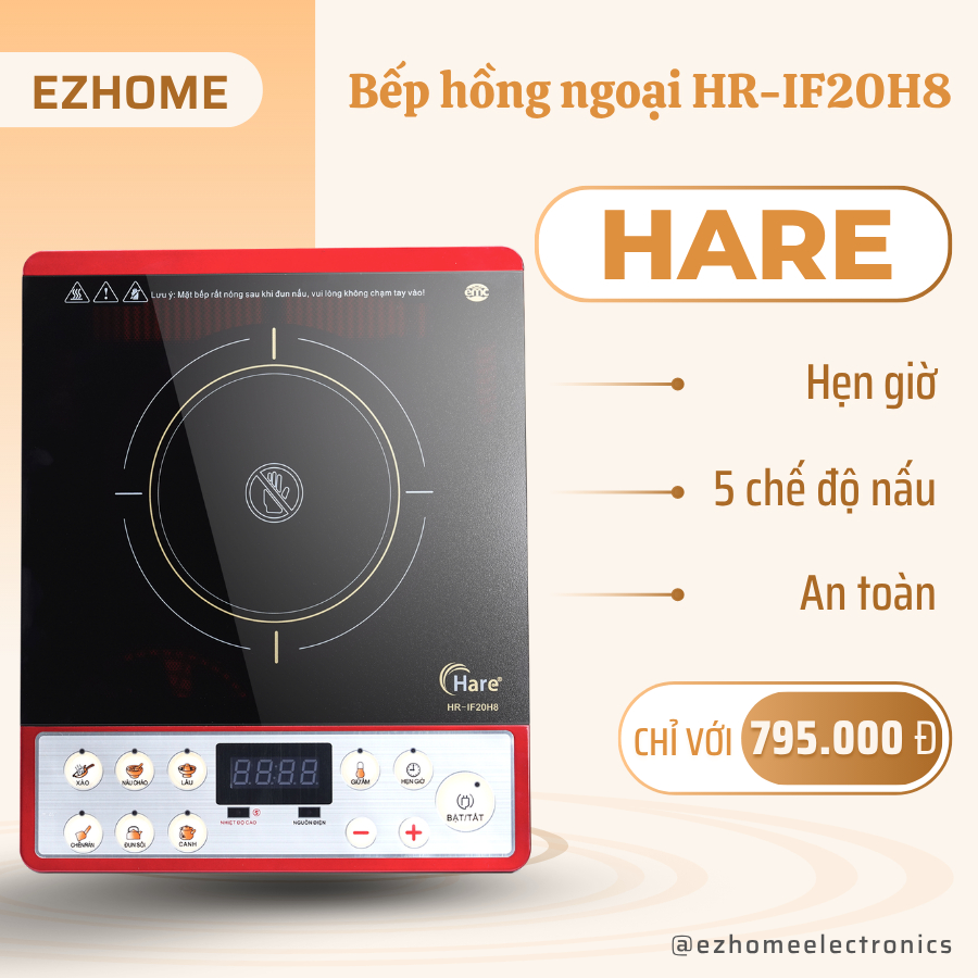 Bếp Hồng Ngoại Hare HR-IF20H8 công suất 2000W Điều Khiển Cảm Ứng Nấu Nhanh Không Kén Nồi An Toàn