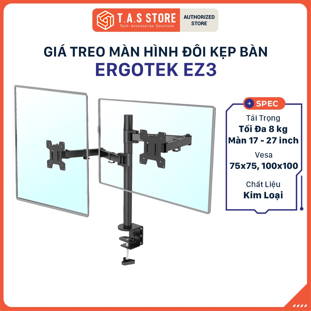 Giá Treo Màn Hình Đôi Kẹp Bàn ErgoTek EZ3 | Treo Màn 17-27inch | Chuẩn Vesa - Hàng Chính Hãng