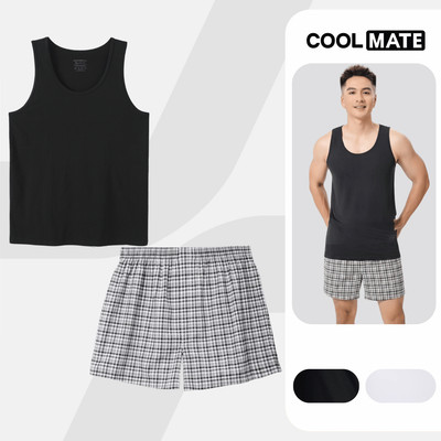 Set đồ nam mặc nhà Áo ba lỗ Excool và Quần short đùi kẻ sọc (màu ngẫu nhiên), đồ đi ngủ mềm mại, thoáng mát Coolmate