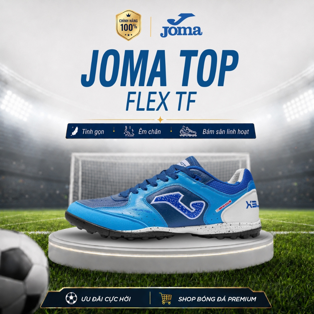 Giày Bóng Đá Joma Top Flex TF – Giày Đá Banh Sân Cỏ Nhân Tạo Êm Chân, Da Mềm, Bám Sân Tốt
