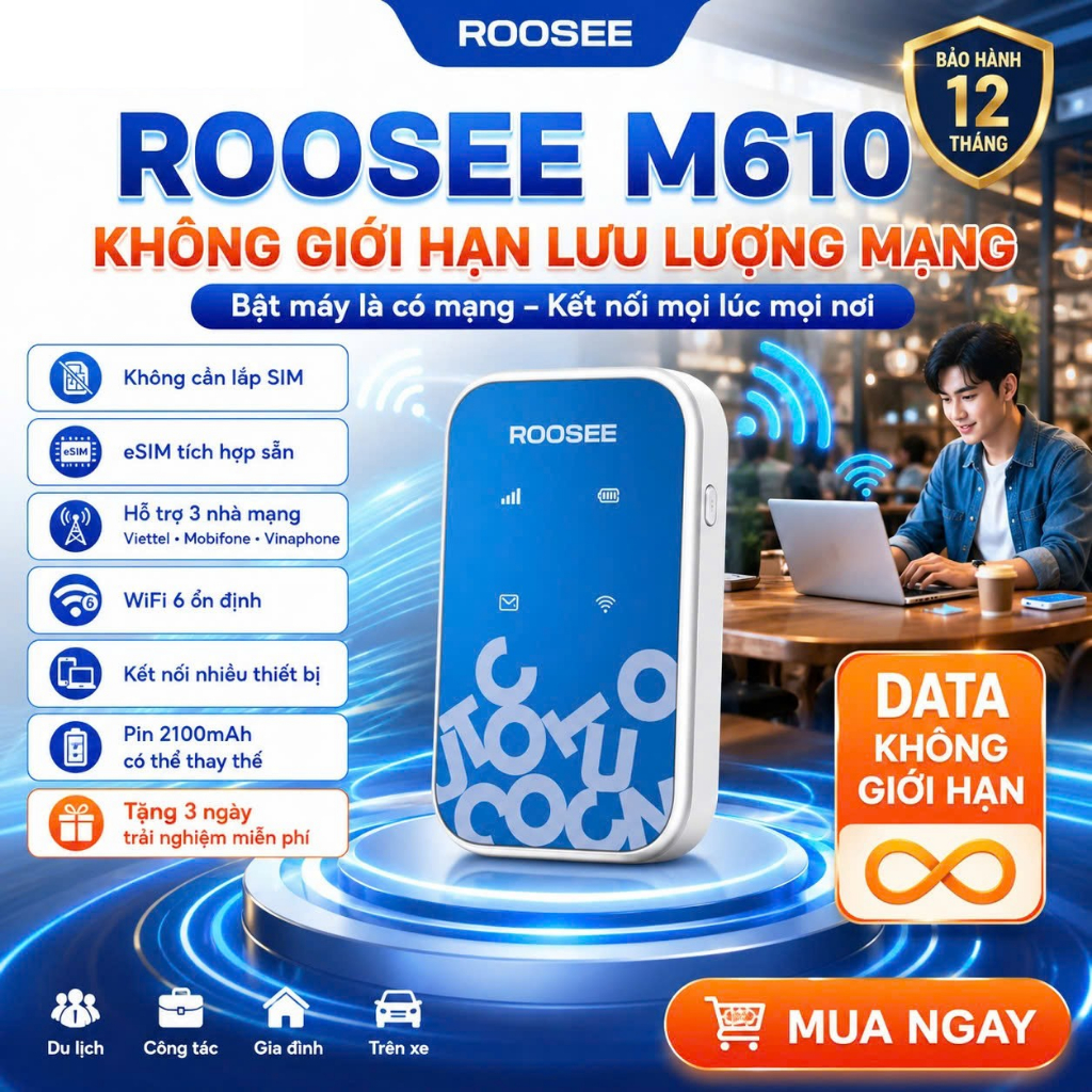 ROOSEE M610 WiFi Di Động Không Cần SIM | eSIM Tích Hợp | Data Không Giới Hạn | Cục Phát WiFi Du Lịch