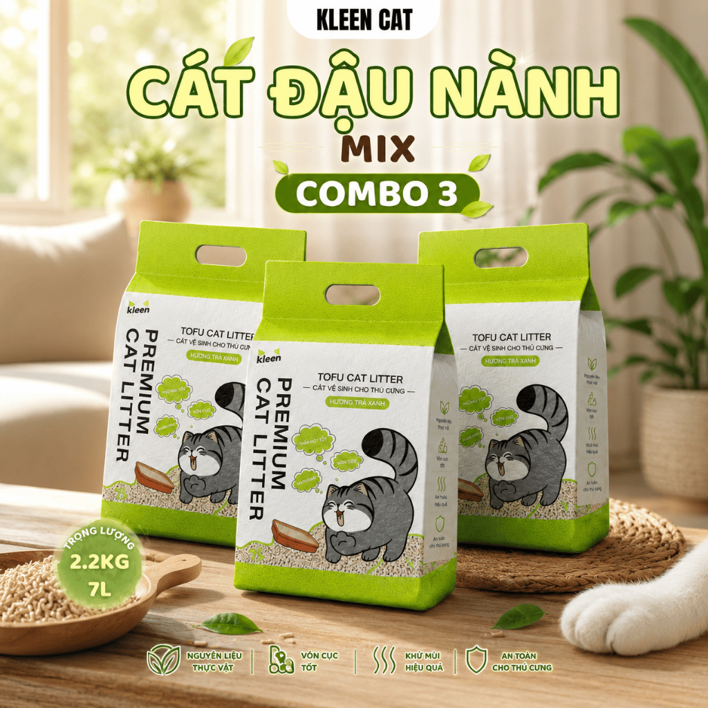 Combo 3 túi Cát Mèo Đậu Nành Mix Đất Sét Kleen Cat, Cát Vệ Sinh Mèo Đậu Nành Trộn Sẵn