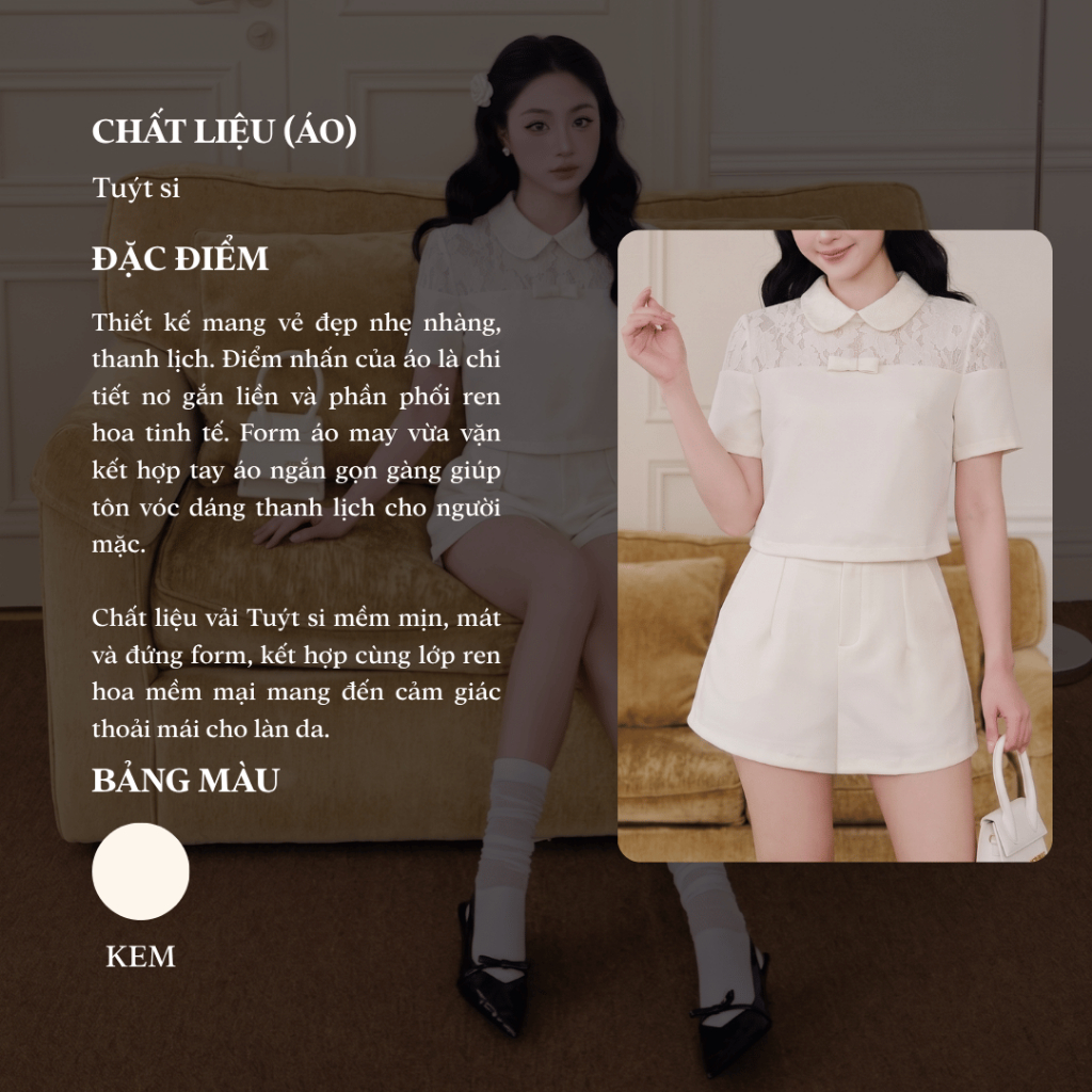 Áo kiểu nữ cổ sen phối ren tiểu thư, áo croptop cộc tay đính nơ thanh lịch Linly Store A-KIE40 | BigBuy360 - bigbuy360.vn