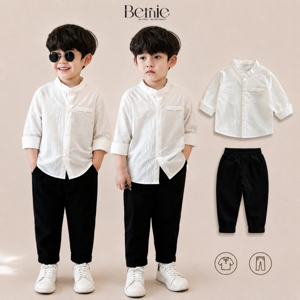 Set bộ áo sơ mi trắng dài tay quần dài kaki linen đen cho bé trai 8 đến 25kg BERNIE T1024B35