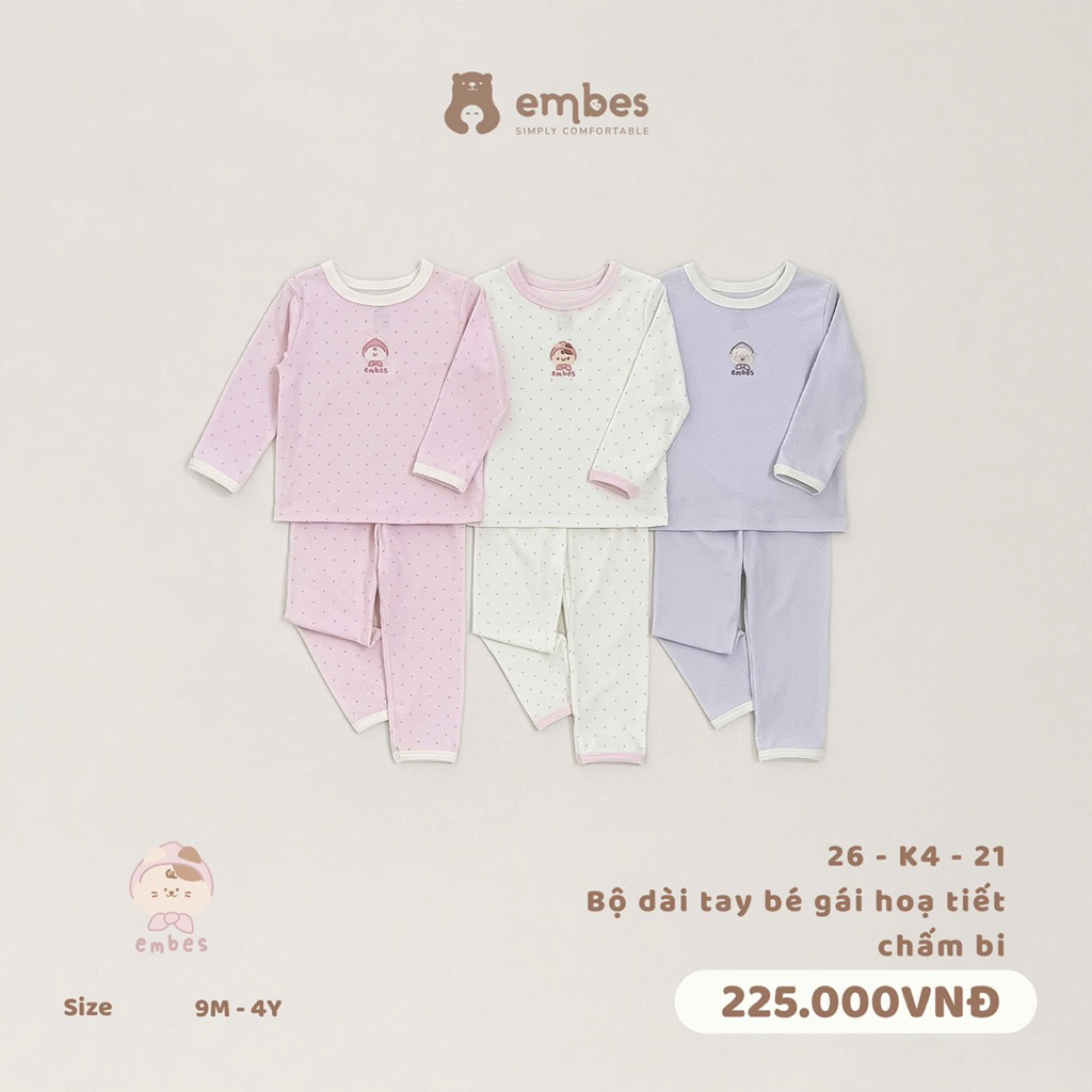 Bộ dài tay bé gái hoạ tiết chấm bi thu đông Embes. Bộ dài tay điều hoà cho bé BEO.Kids