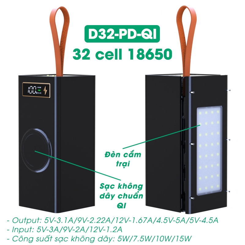 Box sạc dự phòng 32 cell 18650 (D32-PD-QI) sạc nhanh 22.5W - Qi 15W có lò xo