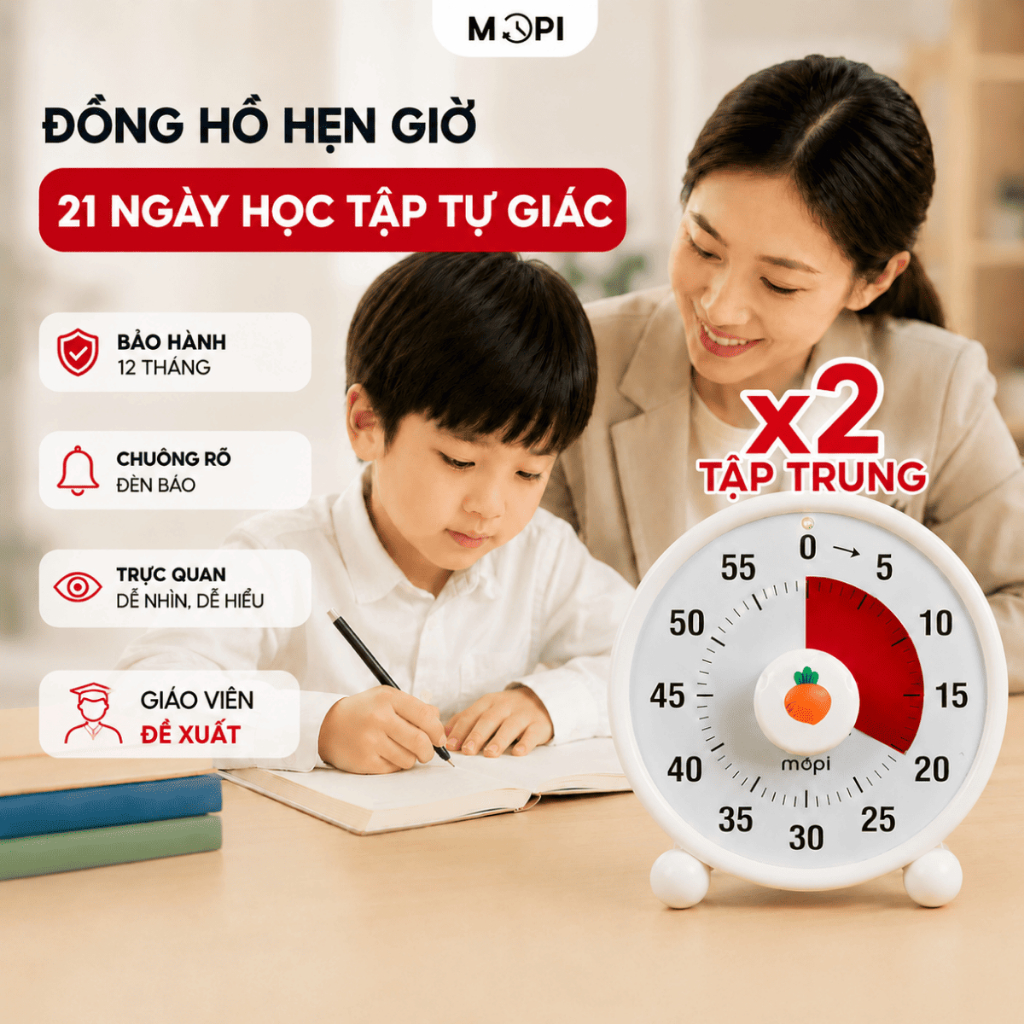 Đồng hồ đếm ngược Pomodoro học bài tập trung, Mopi timer MP038 quản lý thời gian trẻ em, đồng hồ hẹn