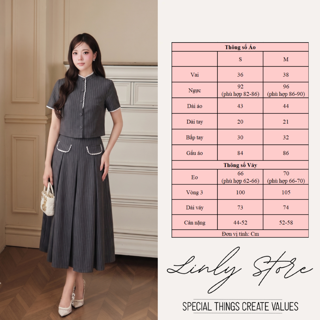 Set váy công sở nữ thiết kế kẻ sọc cao cấp, áo cộc tay dáng ngắn cổ tàu kèm chân váy dài Linly Store | BigBuy360 - bigbuy360.vn