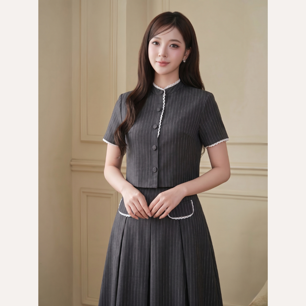 Set váy công sở nữ thiết kế kẻ sọc cao cấp, áo cộc tay dáng ngắn cổ tàu kèm chân váy dài Linly Store | BigBuy360 - bigbuy360.vn