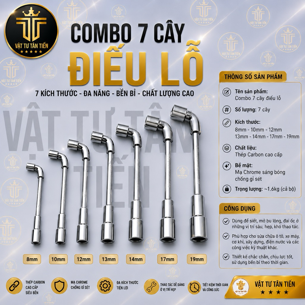 Combo 7 Điếu Lỗ 8-10-12-13-14-17-19 Thép CRV Chuyên Vặn Đai Ốc