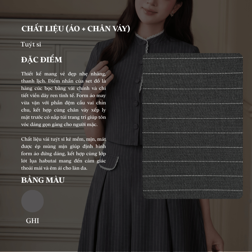 Set váy công sở nữ thiết kế kẻ sọc cao cấp, áo cộc tay dáng ngắn cổ tàu kèm chân váy dài Linly Store | BigBuy360 - bigbuy360.vn