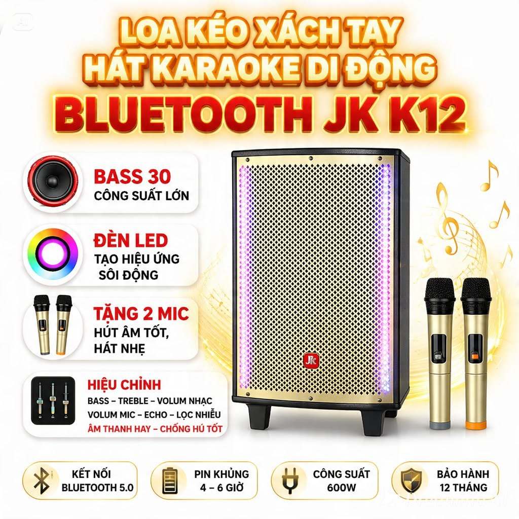 Loa Kéo Xách Tay Hát Karaoke Di Động Bluetooth JK K12 Bass 30 Công Suất Lớn  LED Tạo Hiệu Ứng 4 Chế 