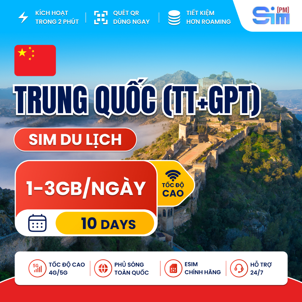 (Hỗ trợ ChatGPT + TT) Sim du lịch Trung Quốc 10 ngày tích hợp sẵn VPN