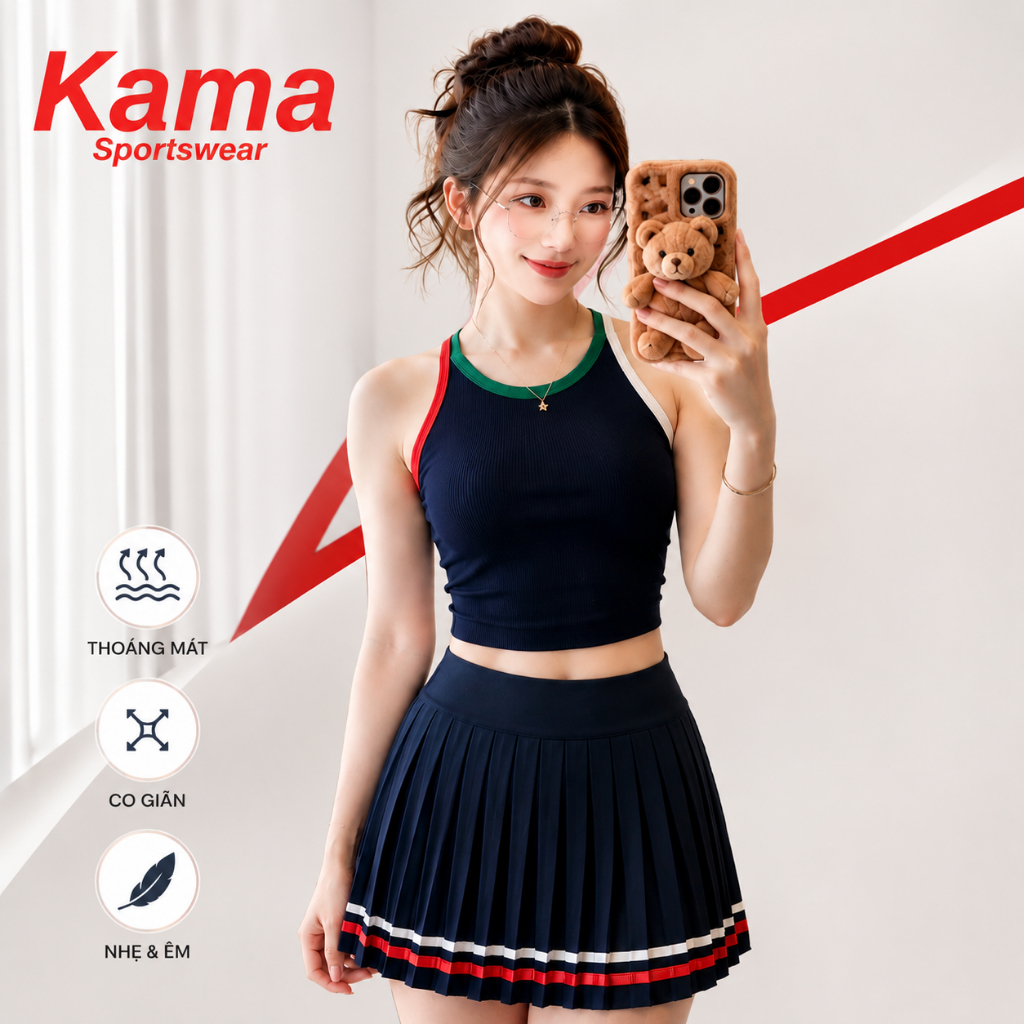Bộ thể thao nữ KAMA SPORT BP132 bra có đệm mút mix chán váy xếp li Cosleaf tập pickleball, tennis