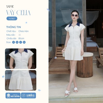 Váy Thiết Kế Nữ YAME Cổ Sơ Mi Phối Khóa Kéo Tay Dơi Chiết Ly Eo Chân Váy Dập Ly Nhỏ Be Trẻ Trung - Celia YV967