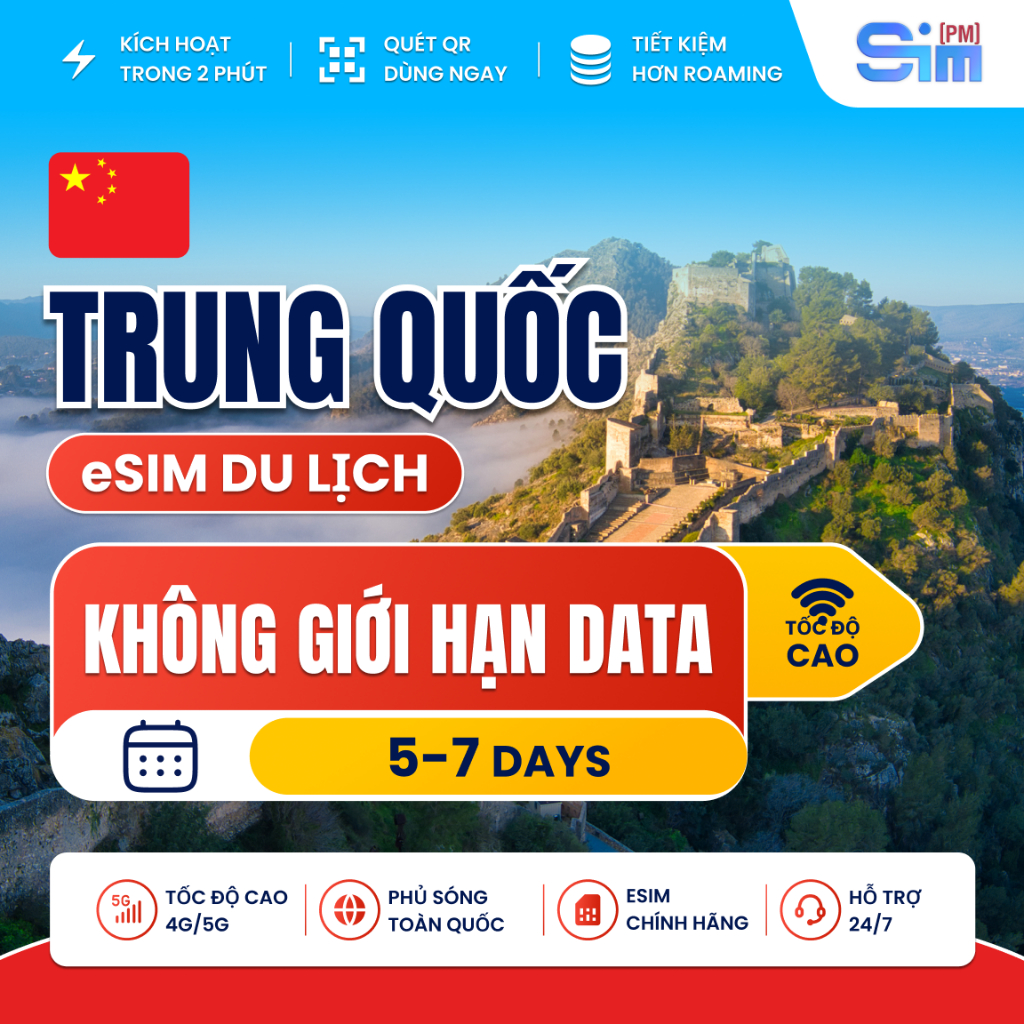 Esim Trung Quốc - Sim Trung Quốc 5-7 ngày Không giới hạn data Unlimited