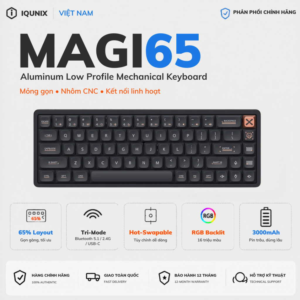 Bàn Phím Cơ IQUNIX Magi65 Low Profile 65% | Vỏ Nhôm CNC | Không Dây 3 Mode | VIA | Hàng Chính Hãng
