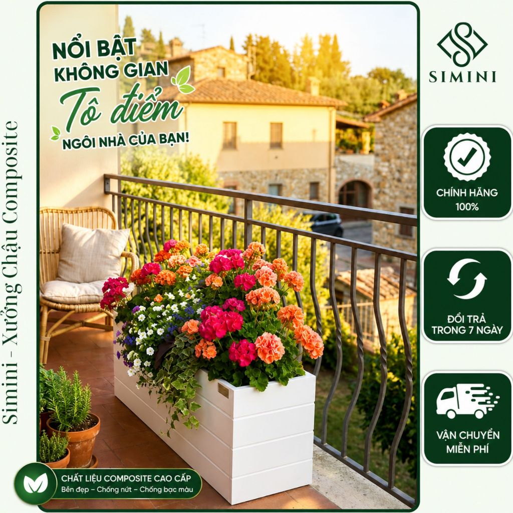 [Tặng Chân] Chậu Trồng Cây Dạng Hộp Chữ Nhật 40x20x20 Composite Hai Màu Trắng, Ghi) - Simini Home De