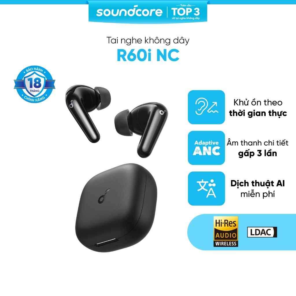 Tai nghe bluetooth ANC Soundcore R60i NC | Hires Audio | Chống ồn đến 52dB | Pin 50h | Phiên dịch - Hàng chính hãng | BigBuy360 - bigbuy360.vn