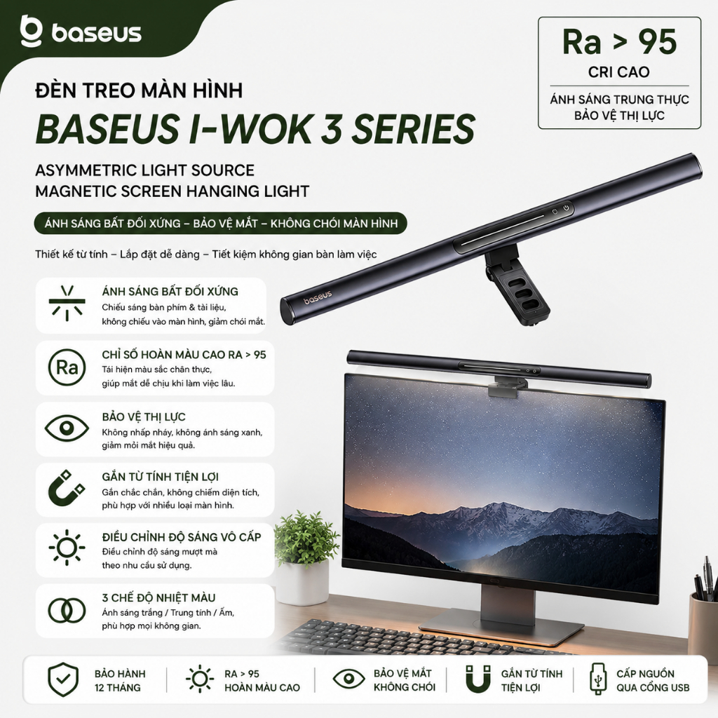 Đèn treo màn hình Baseus i-wok 3 Series Asymmetric Light Source Magnetic Screen Hanging Light (Ra > 