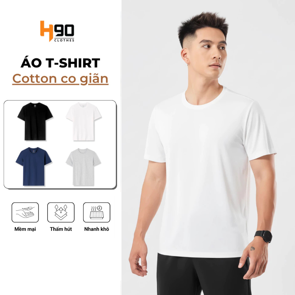 [TẶNG GĂNG TAY] Áo Thun Nam, Áo Phông Cộc Tay H90 Chất Cotton Siêu Mềm, Co Giãn 4 Chiều, Thoáng Mát 