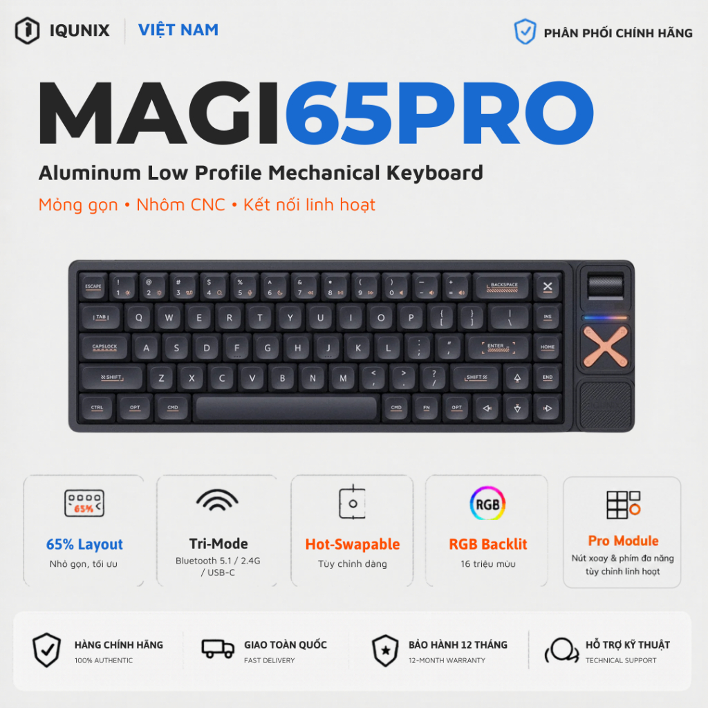 Bàn Phím Cơ IQUNIX Magi65 Pro Low Profile 65% | Vỏ Nhôm CNC | Núm Xoay Media | 3 Mode | VIA