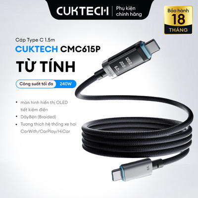 Cáp Sạc Cuktech Type C-C 240W 6A - Nam Châm Tự Cuốn Chống Rối Kèm Màn Hình OLED CMC615P - Chính Hãng