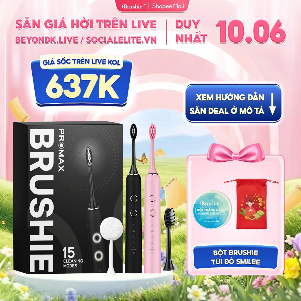 [GIÁ 637K LIVE ECOGO] Bàn chải điện Brushie Promax 15 chế độ làm sạch, set quà valentine tặng người 