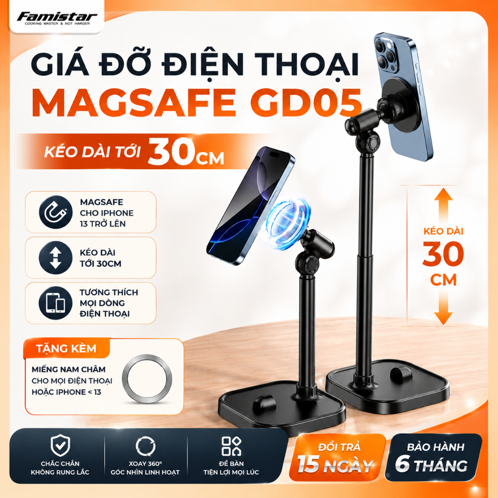 Giá Đỡ Điện Thoại Nam Châm GD05 – Kẹp MagSafe Quay Video, Livestream, Thân Kim Loại Cao Cấp
