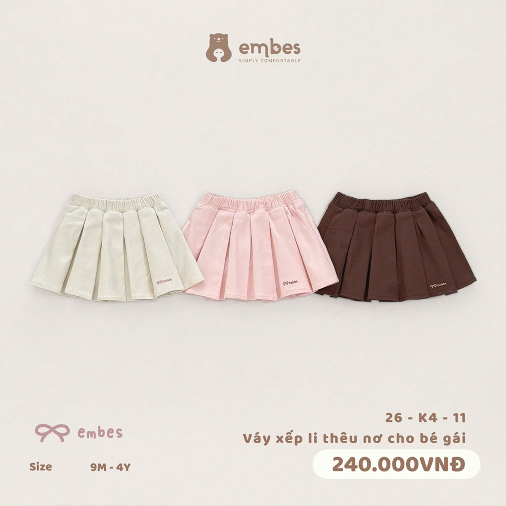 Chân váy xếp ly thêu nơ Embes cho bé gái. Chân váy Embes cho bé gái từ 8kg đến 18kg BEO.Kids
