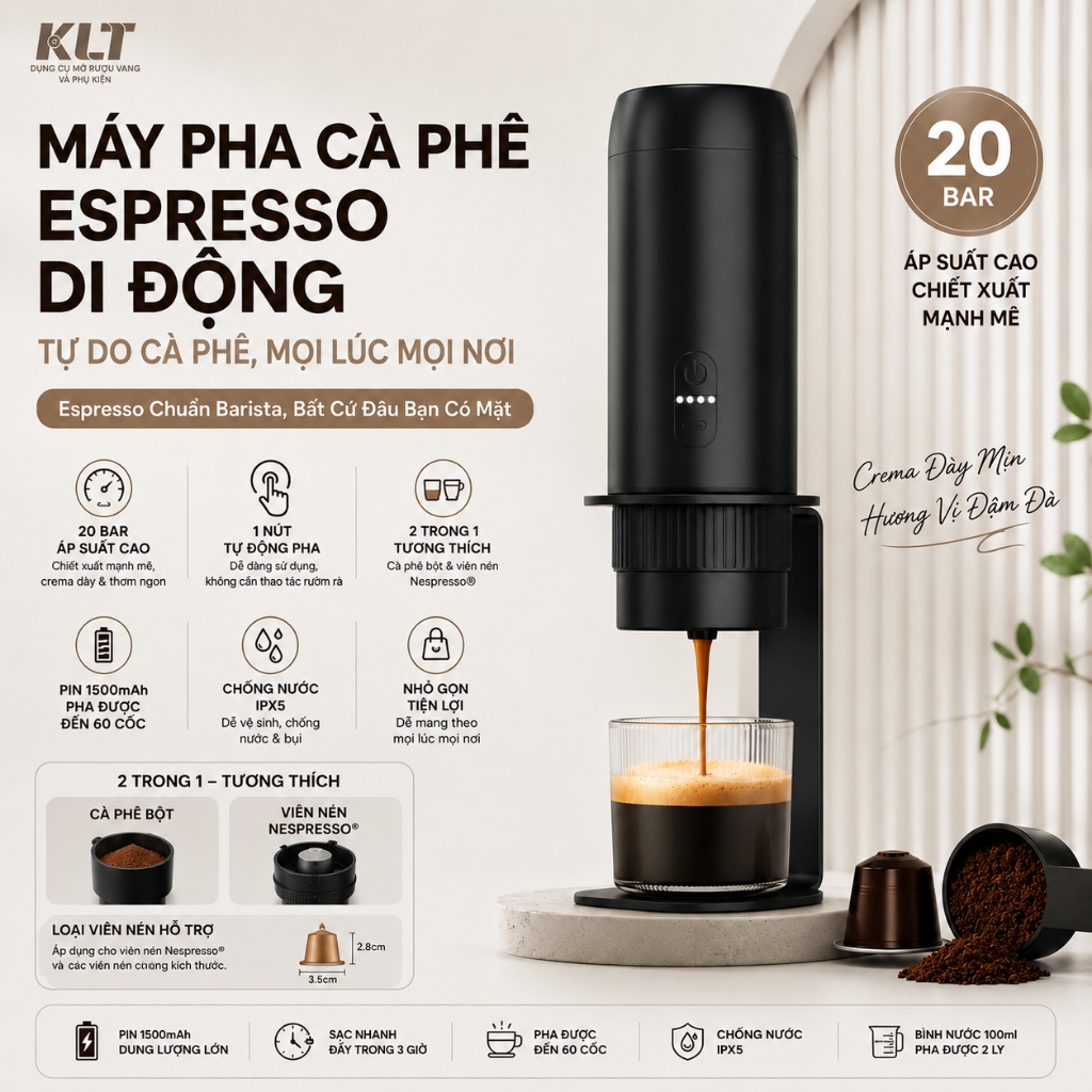 KLT Máy Pha Cà Phê Espresso Cầm Tay Mini 20Bar | Coffee Maker Tương Thích Bột & Viên Nén Nespresso