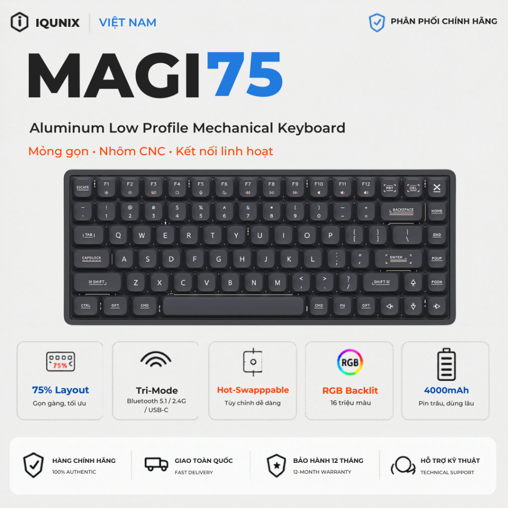 Bàn Phím Cơ IQUNIX Magi75 Low Profile 75% | Vỏ Nhôm CNC | Không Dây 3 Mode | VIA | Hàng Chính Hãng