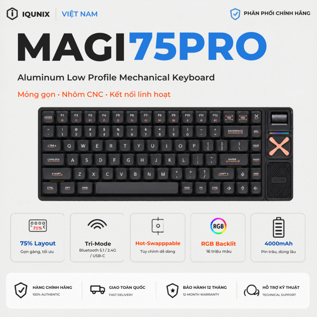 Bàn Phím Cơ IQUNIX Magi Series Low Profile | Vỏ Nhôm CNC | Không Dây 3 Mode | Hàng Chính Hãng