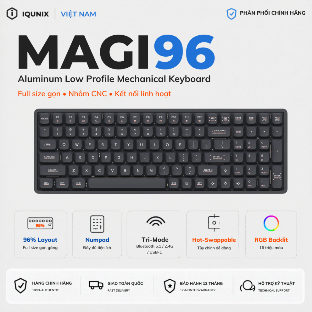Bàn Phím Cơ IQUNIX Magi96 Low Profile 96% | Vỏ Nhôm CNC | Có Numpad | Không Dây 3 Mode | Chính Hãng