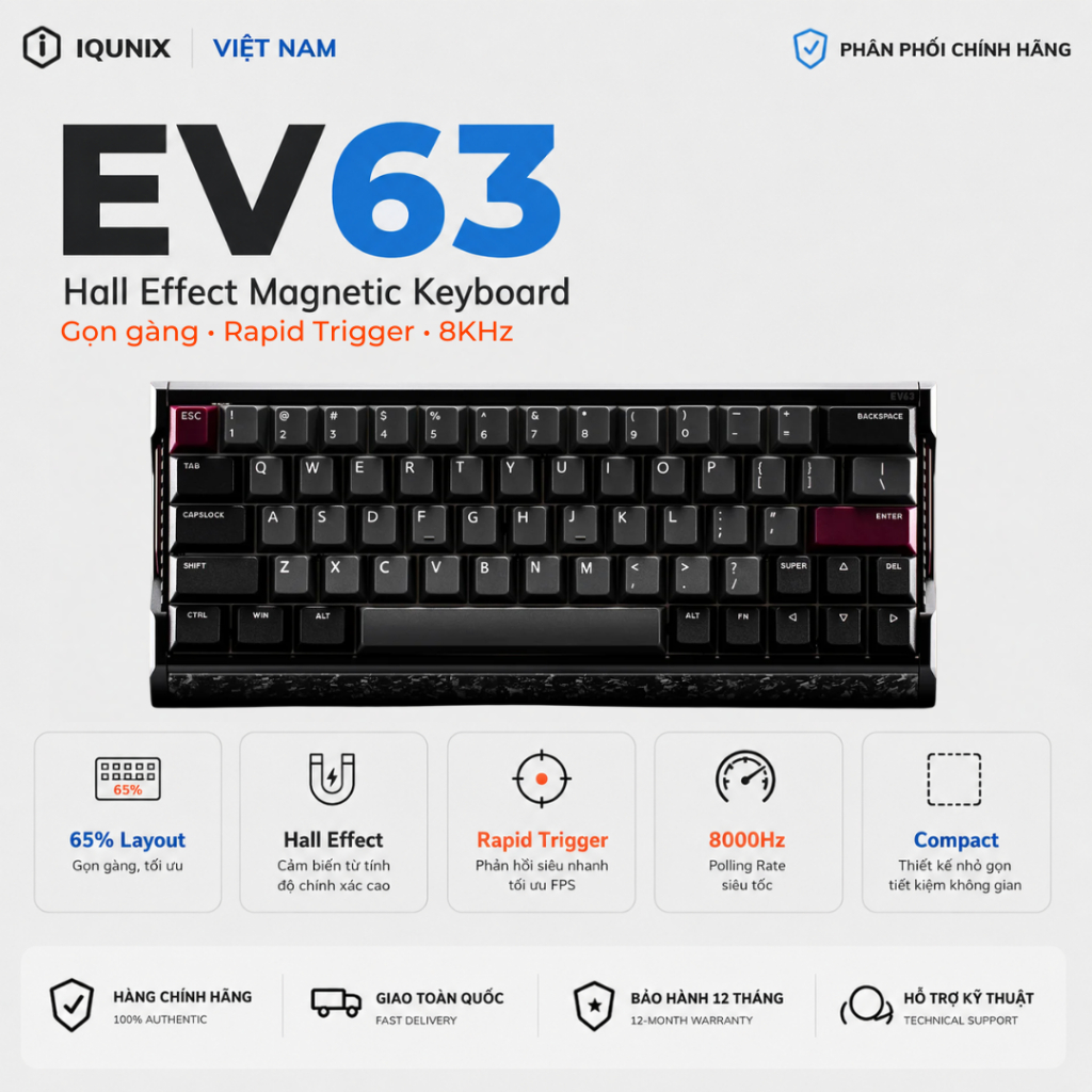 Bàn Phím Cơ Gaming IQUNIX EV63 HE 60% | Hall Effect | Rapid Trigger 0.01mm | 8K | Hàng Chính Hãng