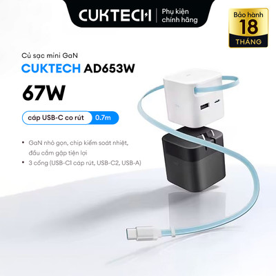 Củ Sạc Mini CUKTECH AD653W 67W 3 Cổng Sạc Đa Năng - Tích Hợp Cáp Thu Gọn Hỗ Trợ PD PPS Xiaomi Turbo - Chính Hãng
