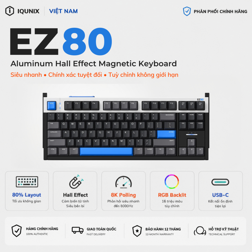 Bàn Phím Cơ Gaming IQUNIX EZ80 HE TKL 80% | Hall Effect | Rapid Trigger 0.005mm | 8K Polling rate