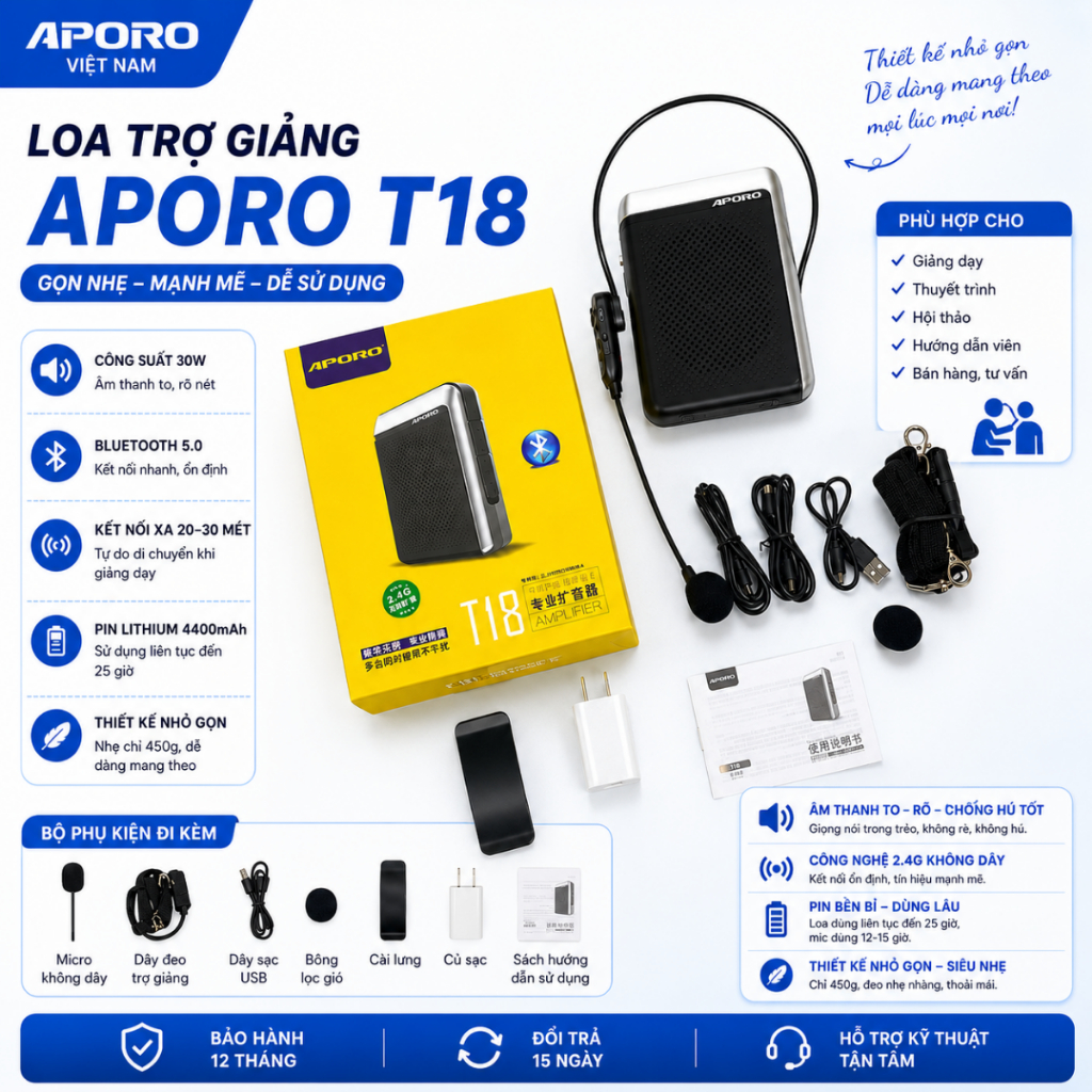 Combo giá tốt Máy trợ giảng không dây Aporo T18 Hỗ trợ thẻ TF, AUX, Ghi âm, FM, Bluetooth,Usb - Loa 